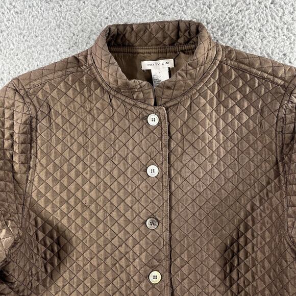 PATTY KIM JACKET WOMENS LARGE BROWN 100% SILK QUILTED BUTTON MOCK NECK - Picture 3 of 10